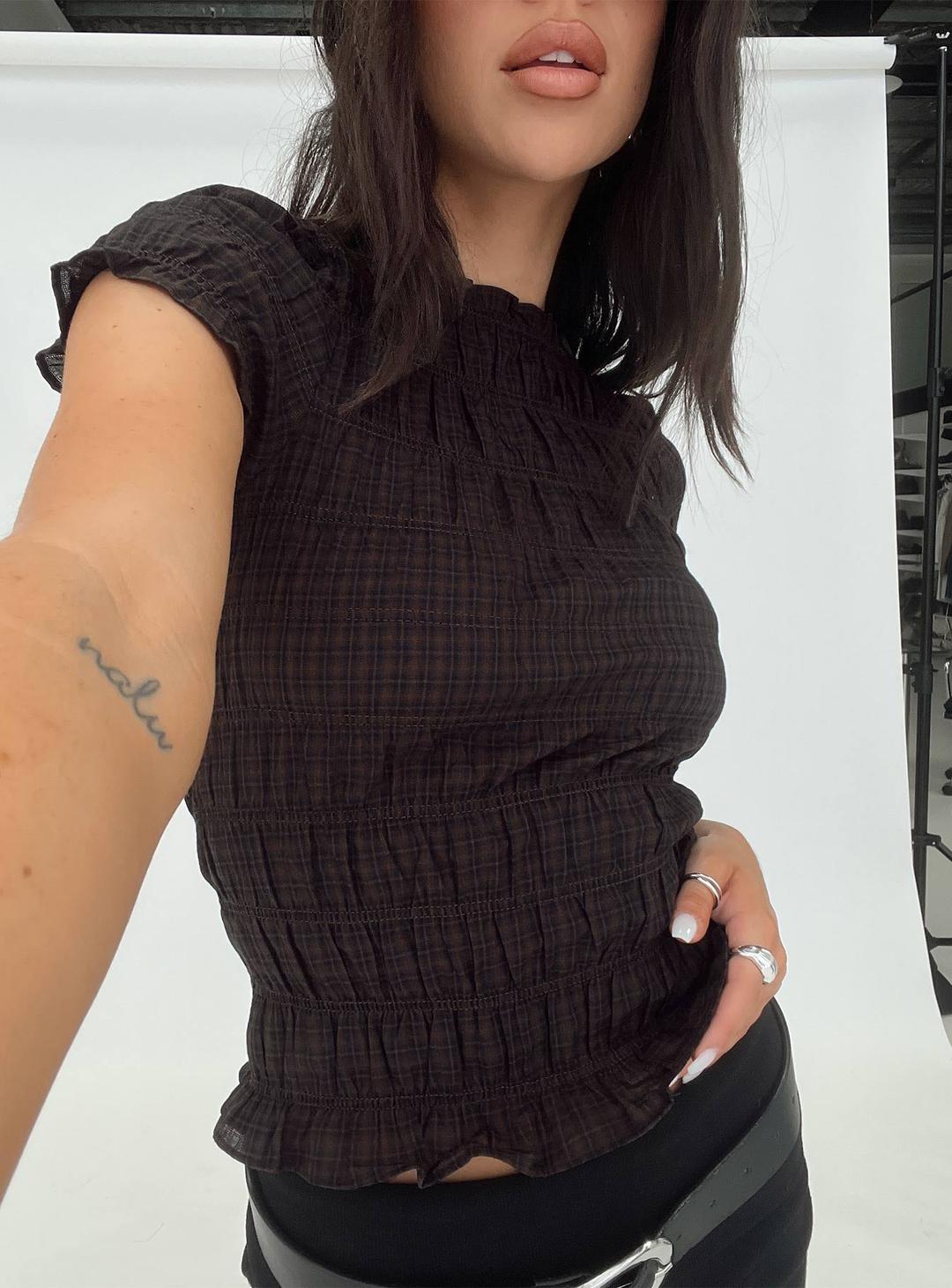 Romelle Shirred Top Black / Brown Plaid - AU 6 / Black / Brown Plaid