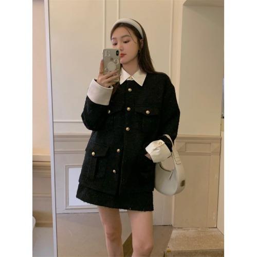 [입고중] SET 블랙 트위드 코트 도톰 체크 화이트 카라 고급스러운 일자핏 아우터 봄 가을 겨울 자켓 jk + 세미 정장 캐주얼 미니 스커트 치마 투피스 세트 셋업 230117(0)