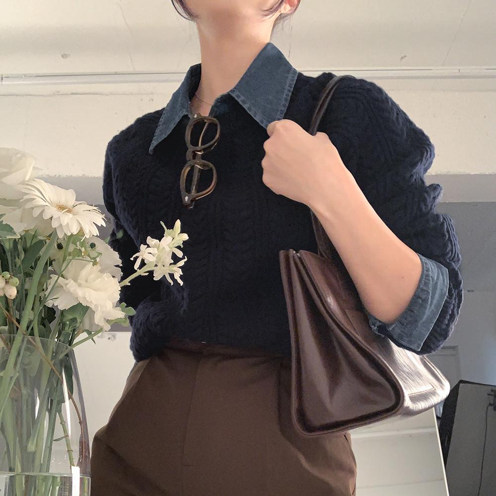 (자체제작) 앤드류 루즈핏 울 꽈배기 니트 (네이비)