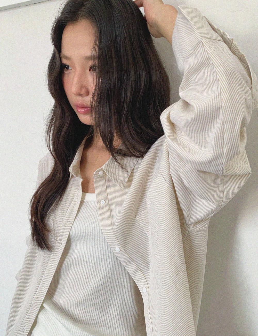 (woman) 웨일 스트라이프 셔츠_Light Beige