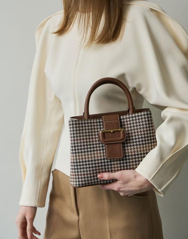 [하운드투스체크] 브라운 가죽배색 하운드투스체크 토트백