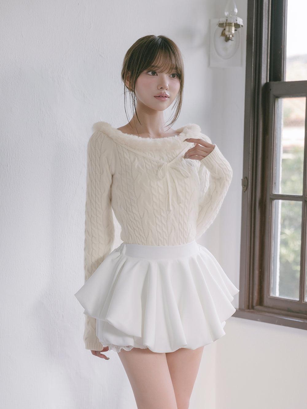 ネックファーケーブルニットトップス