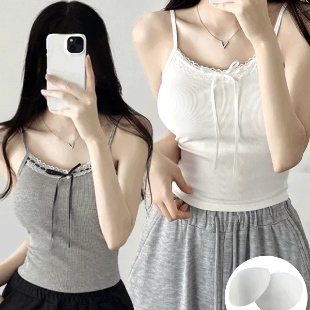 [2개구매할인💖캡내장] 퀄보장! 뮤뮤 레이스 캡나시 민소매 리본 발레코어 크롭 나시 레이어드 no.1990