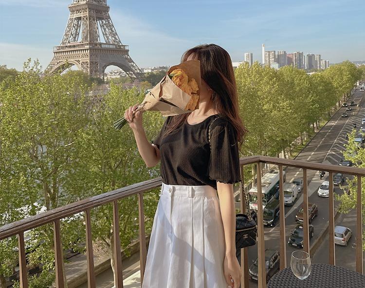 라니밍 스판 물결 크롭 나팔 티셔츠