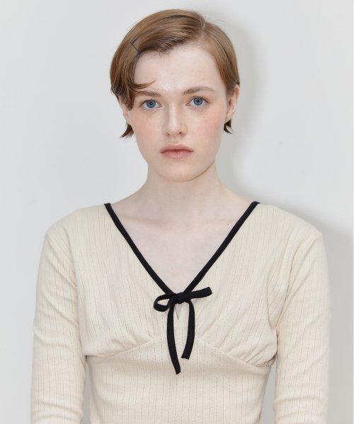 RIBBON V-NECK LONG SLEEVE (LIGHT BEIGE)