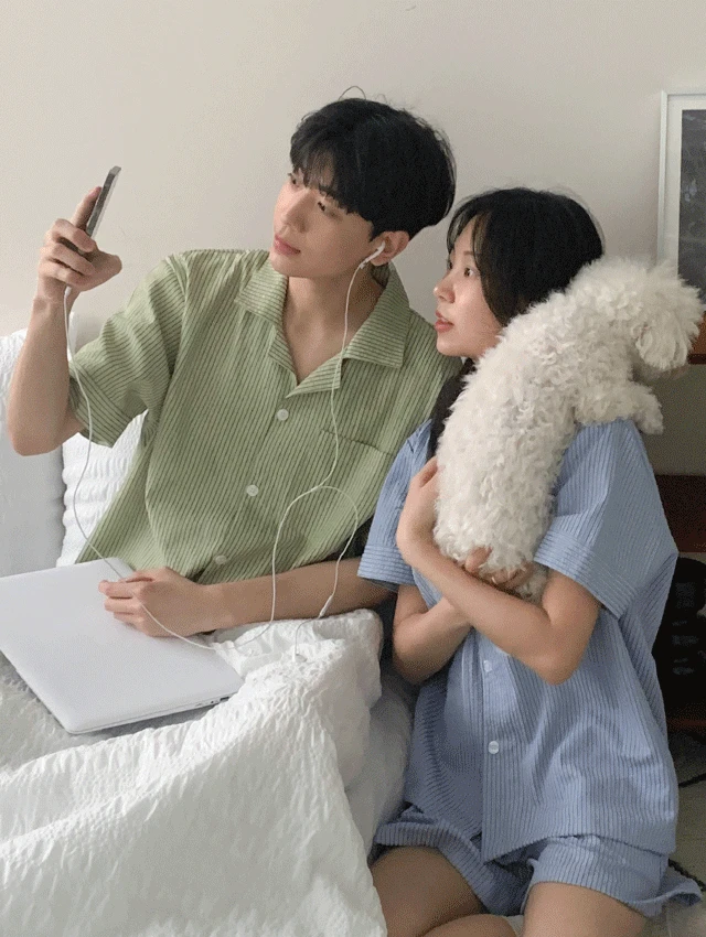 [A.made]리버 스트라이프 반팔 커플파자마 남녀공용 시어서커 잠옷세트