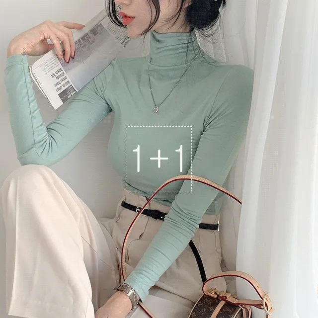 [단품구매가능/기모&일반ver.선택/21color]<br>1+1찹쌀 쫀득부들 목폴라 긴팔티셔츠