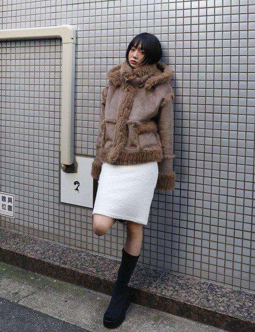 HOODED  REVERSIBLE SHEARLING JACKET(BROWN)