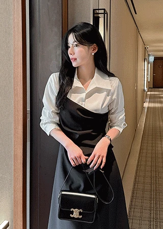 봄신상💛 [하객룩] [단독] 셔츠 배색 셔링 원피스(S~L)