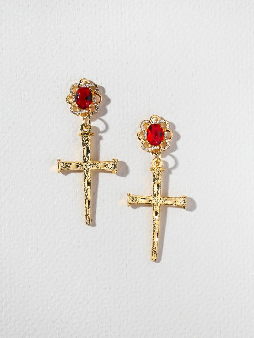 The Aria Ruby Cross Earrings - Ruby / Charms / One Size