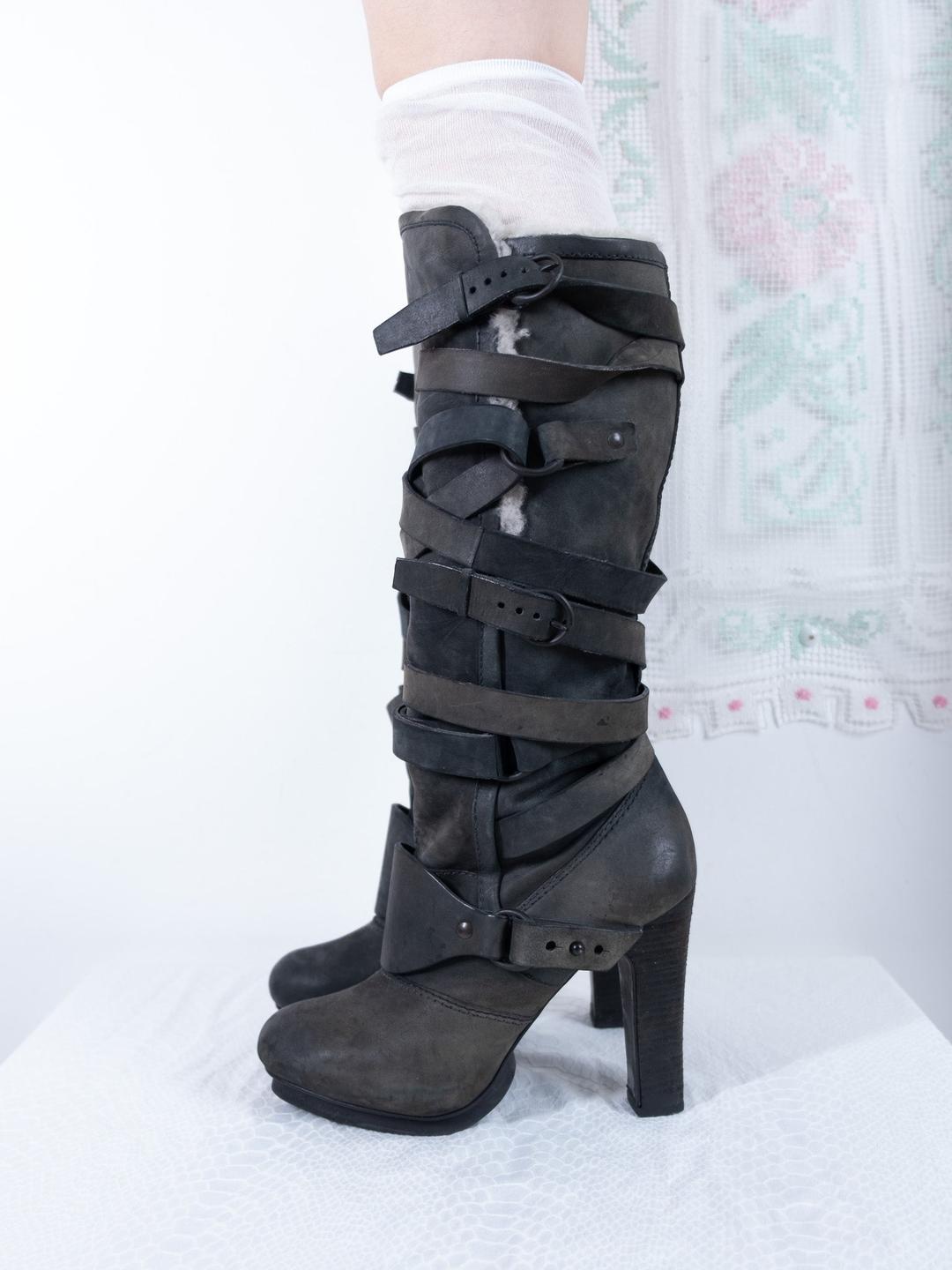 EU40 ALLSAINTS NAVY STRAPPY LEATHER HIGH HEEL BOOTS