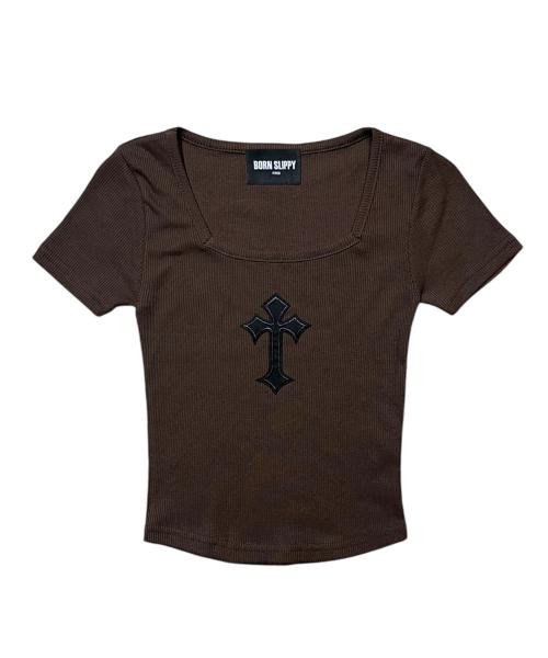 Cross Square Neck T-shirt (Brown)