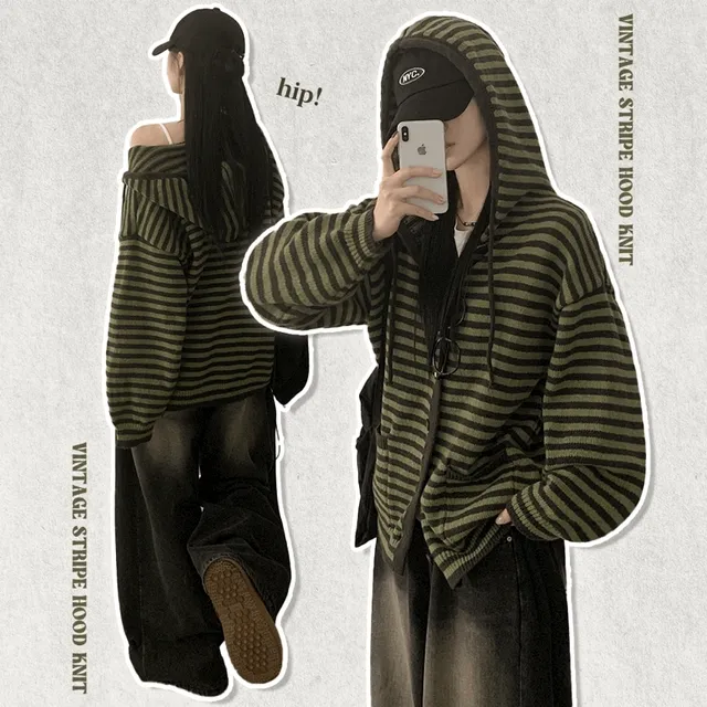 [울함유/폭닥✨] 빈티지힙 오버핏 스트라이프 단가라 니트 후드가디건 단추 집업