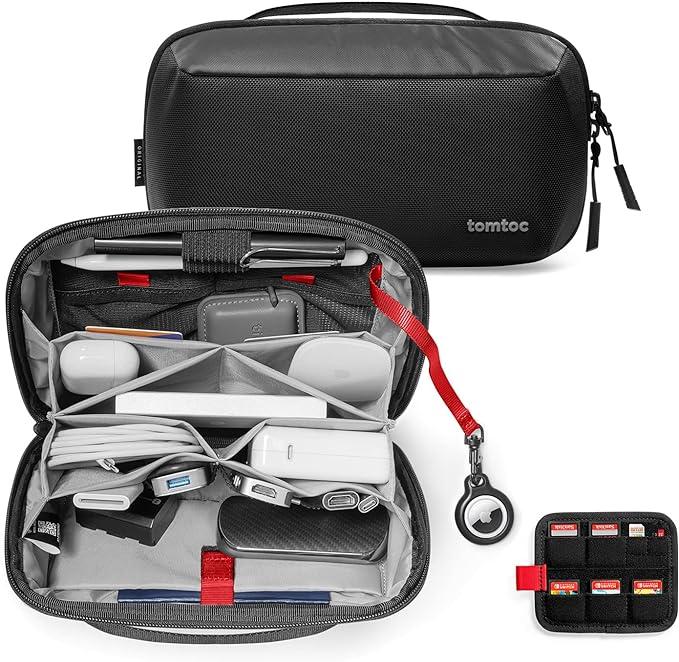 tomtoc Electronic Organizer Accessory Tech Pouch for MacBook Charger, Cables, Power Bank, Hard Drive, Cords, Water-resistant Storage Bag with Removable Card Slots for USB Adapter, Memory Card, Black