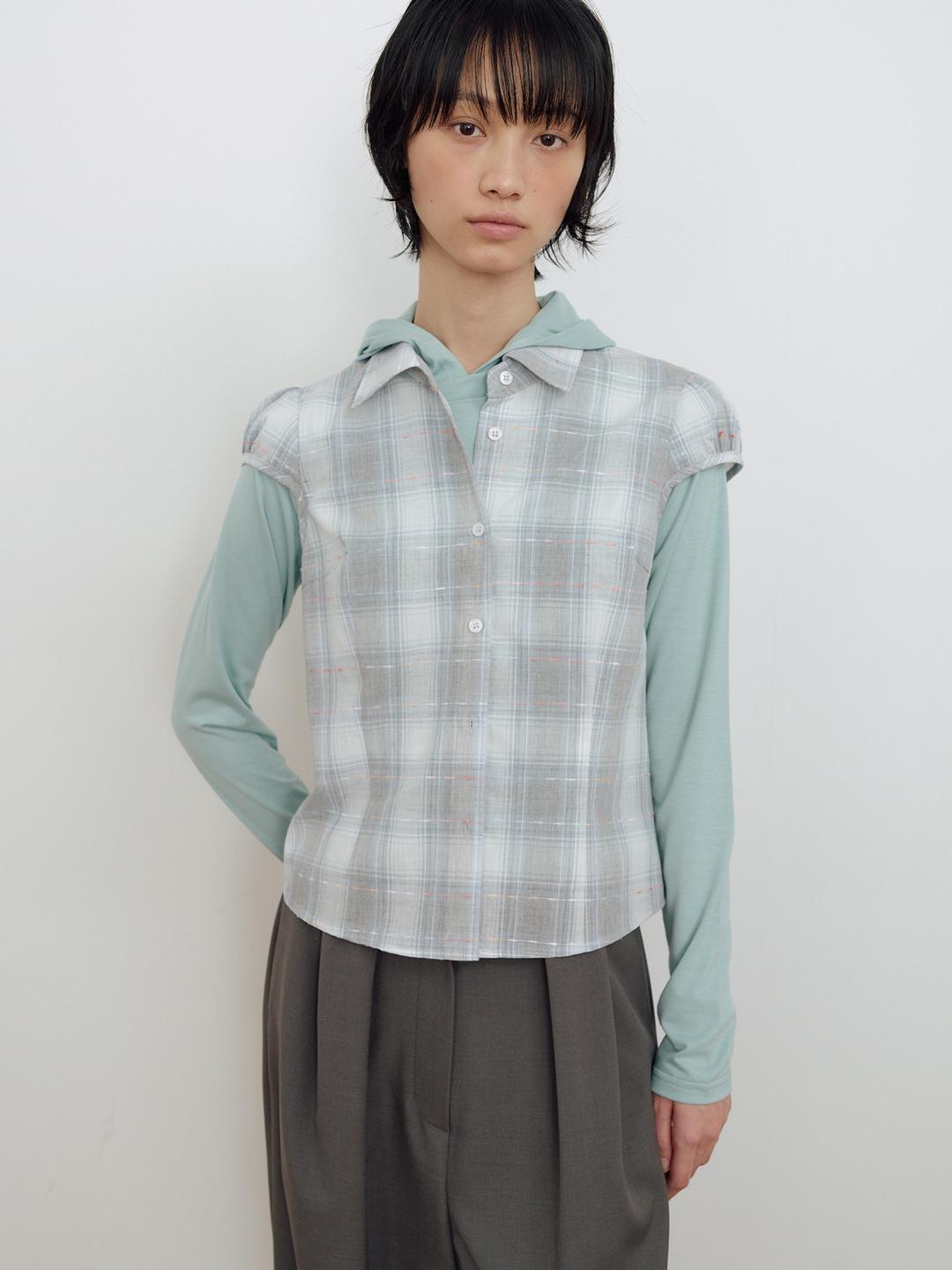 CHECK CAP SLEEVE SHIRT_BLUE GREY