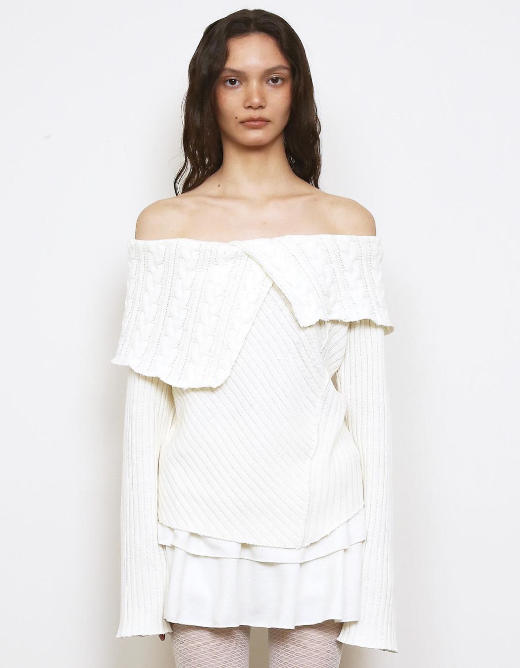 CHUNKY CABLE OFF-SHOULDER SWEATER, CREAM
