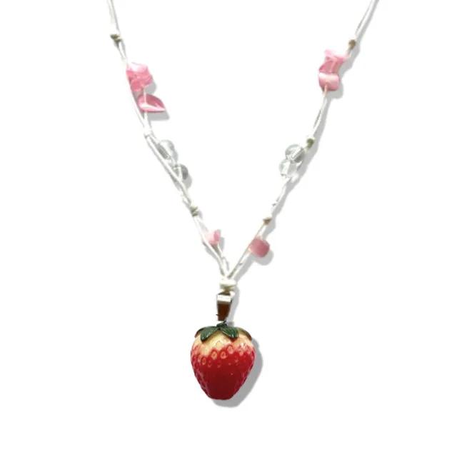 strawberry 딸기 원석 가죽 목걸이 모리걸 키치 y2k 빈티지