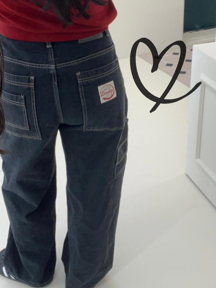 184 [S,M,L] 문의폭쥬 빅와이드 라벨 더블포켓 와이드팬츠