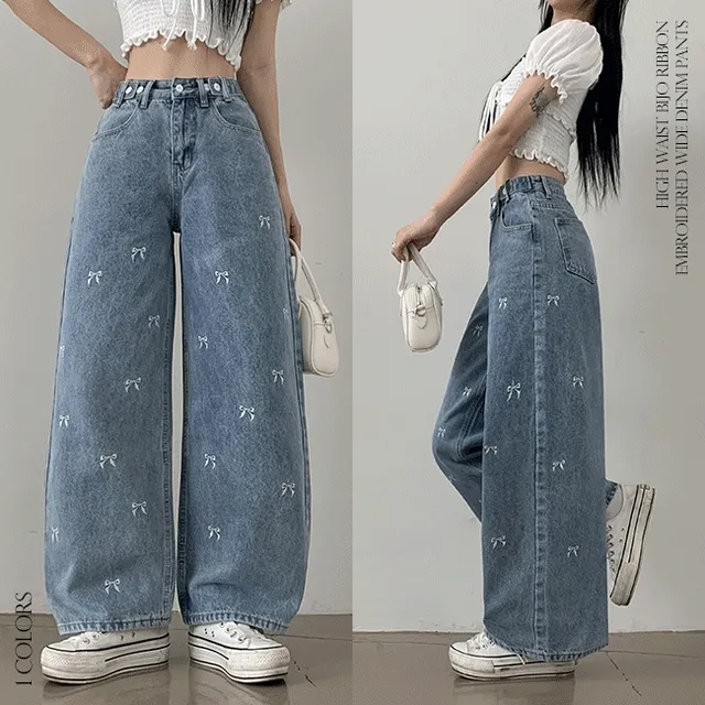 단독특가[허리잘룩/키작녀추천/발레코어/y2k] 푸티 하이웨스트 비조 리본 자수 와이드 데님 팬츠