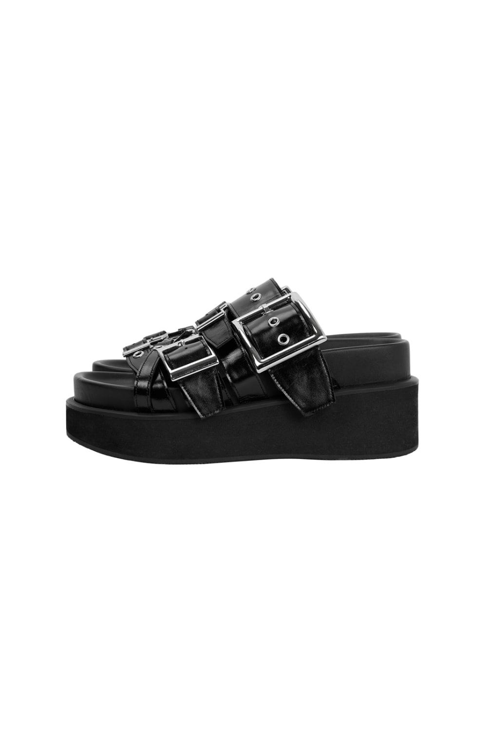 Bold Buckle Flatform Slides [ Black ]