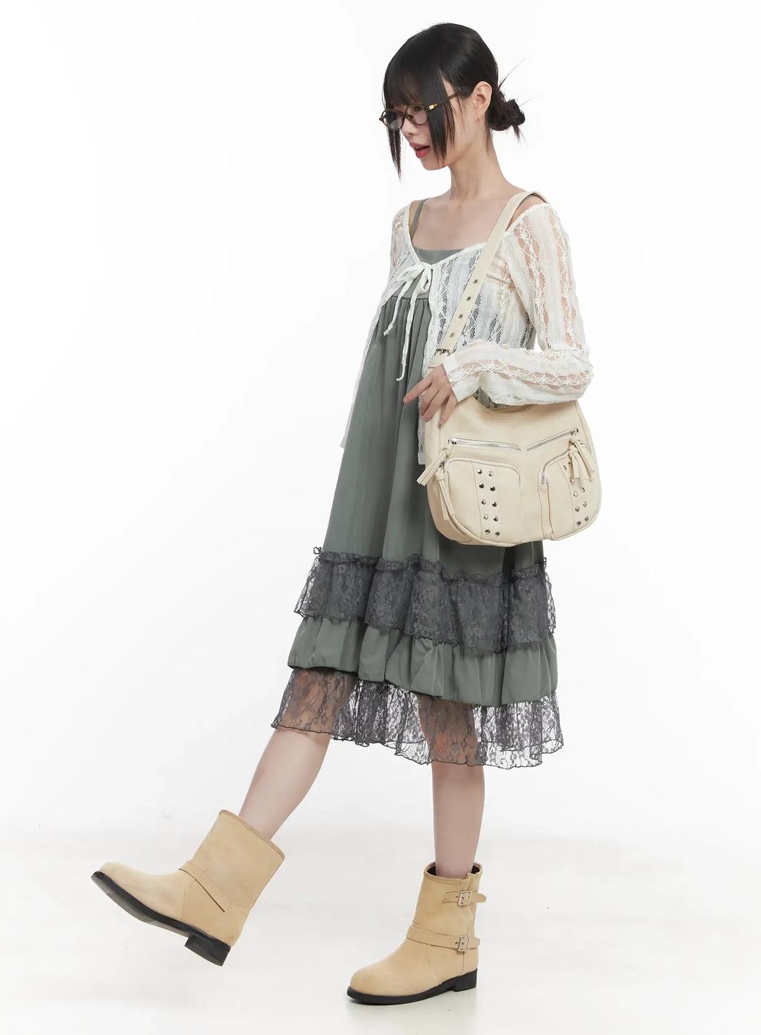 Lace-Trim Cami Maxi Dress CU518 - Dark green / S/M