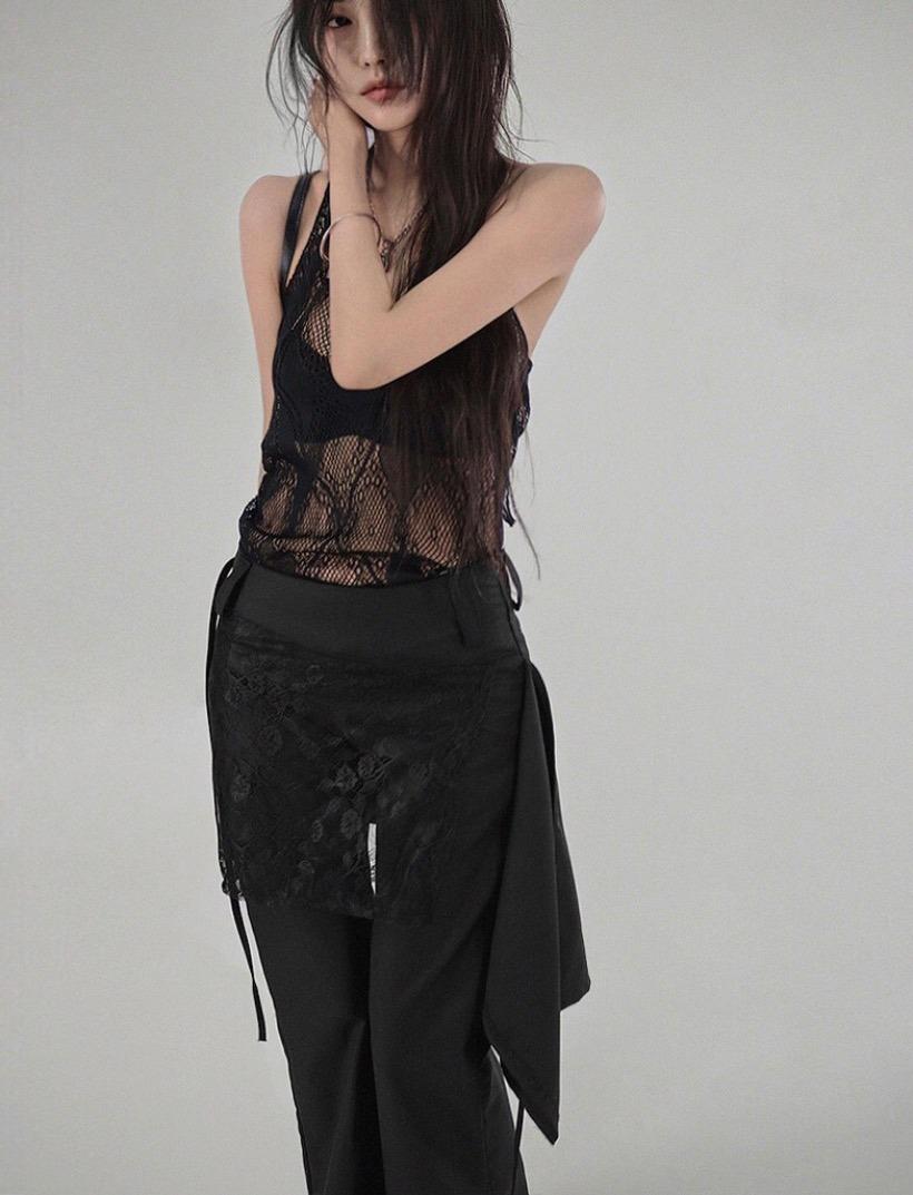 ARGYLE MESH SEE-THROUGH HALTER NECK LONG SLEEVE 아가일 망사 시스루 홀터넥 롱슬리브리스 (4 COLORS)