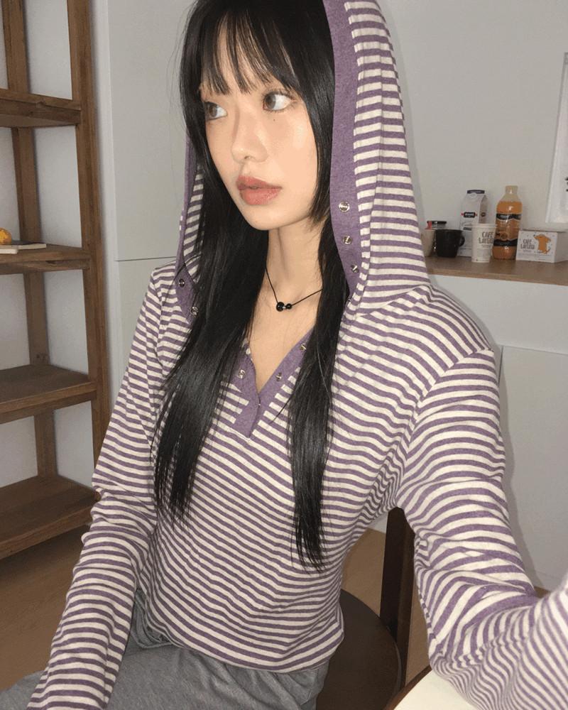 파오 스트라이프 스냅 버튼 배색 긴팔 후드 티셔츠