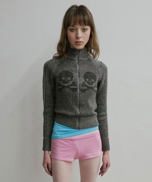 Skull Zip-Up Sweater Melange Gray