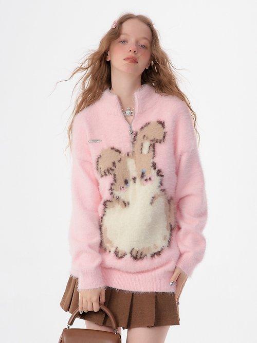 ziziFei autumn and winter American retro half turtleneck half zipper pink plush bunny pattern thickened sweater for women