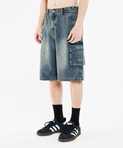 샌드 워싱 카고 데님 하프팬츠 - BLUE