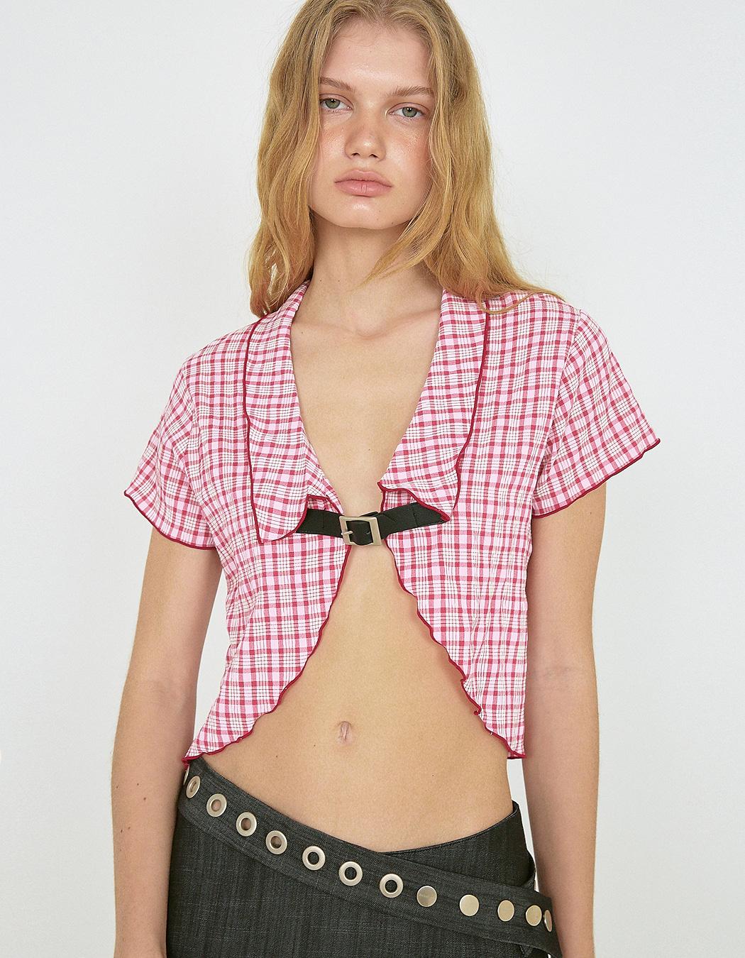 WESTERN CHECK BOLERO CARDIGAN, PINK