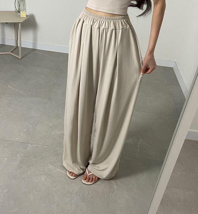 *단독*(냉감/정전기변형X) 촤르르 핀턱 아이스 와이드 팬츠 냉장고 쿨링 바지 주름 밴딩 하이웨스트 빅사이즈 루즈핏 오버핏 추리닝 여름 트레이닝