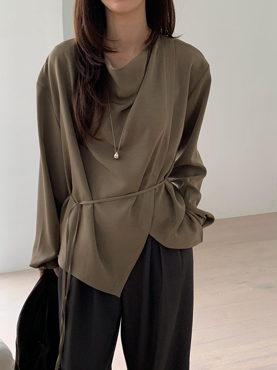 퀸트 사선 드레이프 슬릿 허리끈 오버 루즈핏 가을 긴팔 블라우스 3color