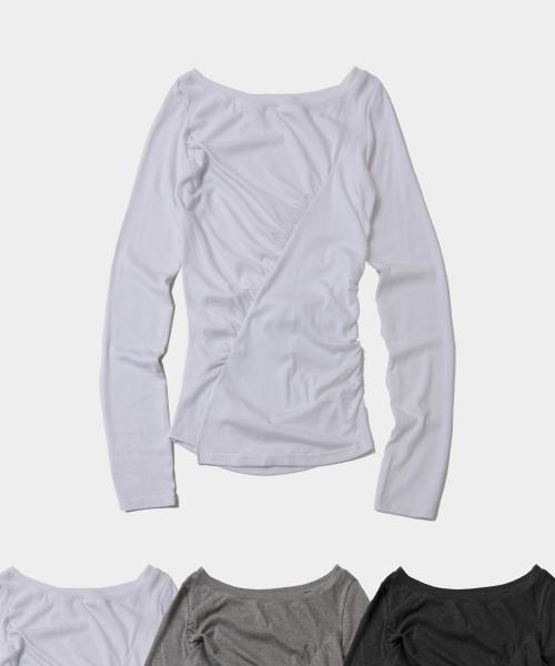 사선 절개 셔링 디테일 보트넥 롱 슬리브리스 슬림 핏 티셔츠_3COLOR