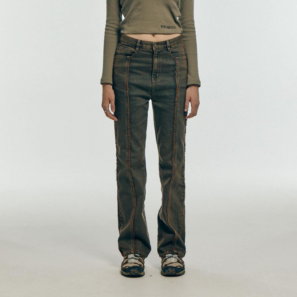 fringed straight denim pants - brown washed