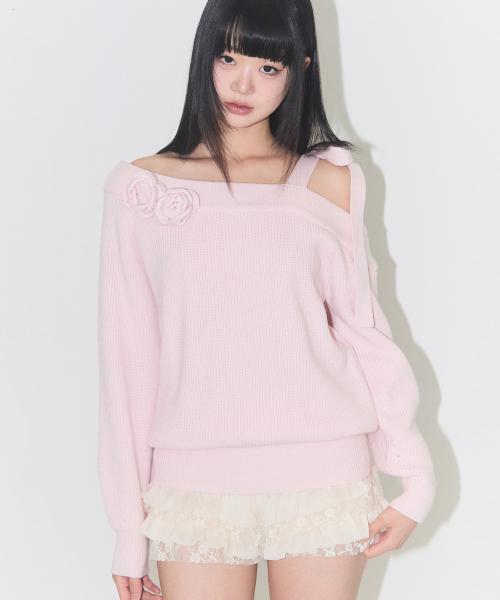 블룸 보우 오프숄더 니트 핑크