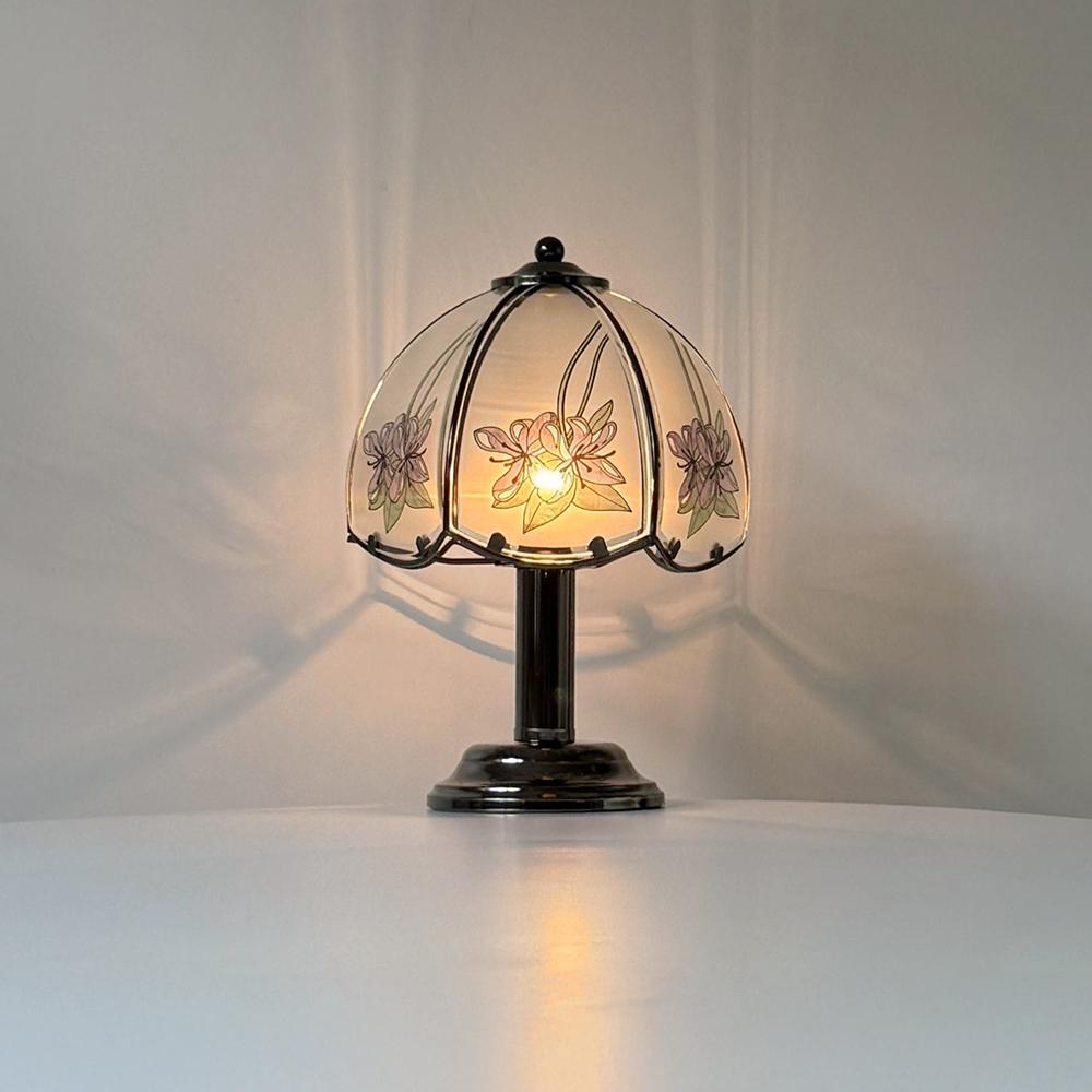 1980s Massive Floral Glass Panel Metal Table Lamp