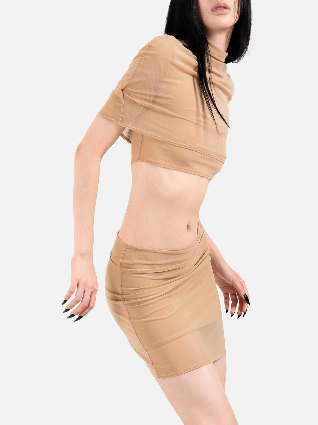 메쉬 하이넥 케이프 탑 (누드)