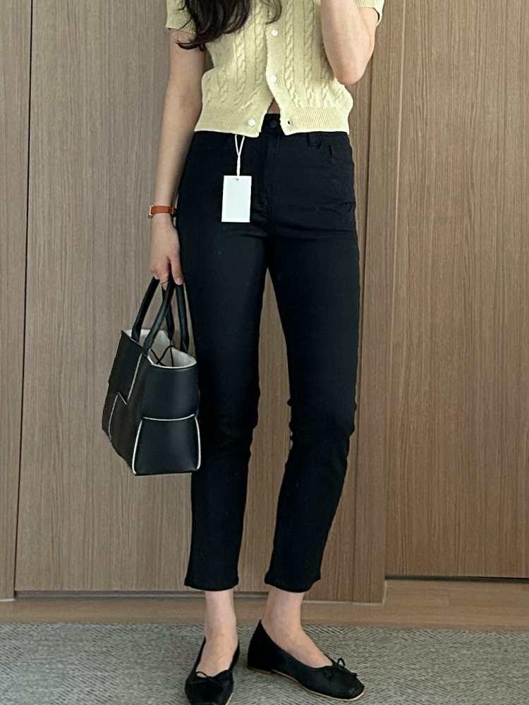 블랙 슬림 일자 스판 9부 여자 데님 면 팬츠