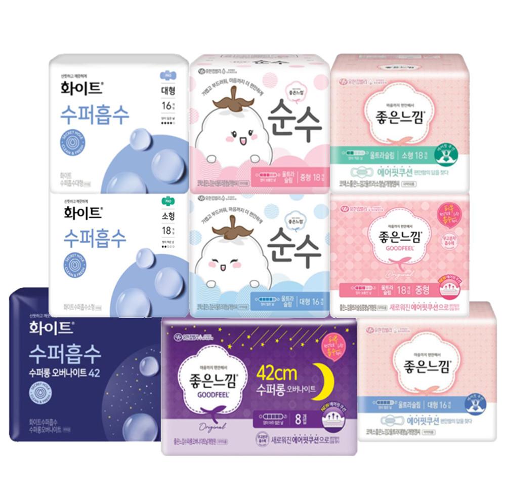좋은느낌 화이트 생리대 중형 대형 입는 오버나이트 팬티라이너 골라담기