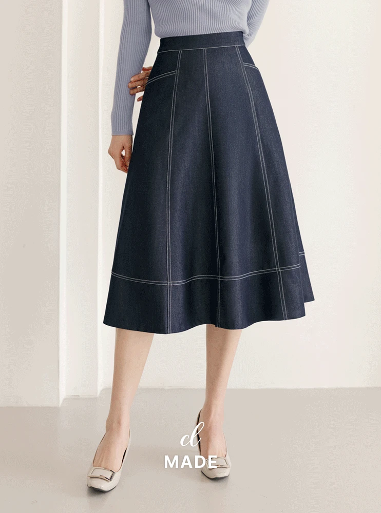 [MADE/사선포켓/뒷지퍼]미레든 배색 스티치 데님 플레어 스커트