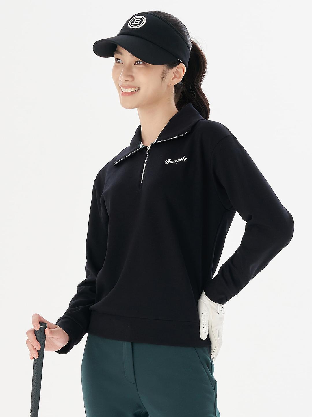 여성 저지 칼라 집업 스웨트 셔츠 - 블랙