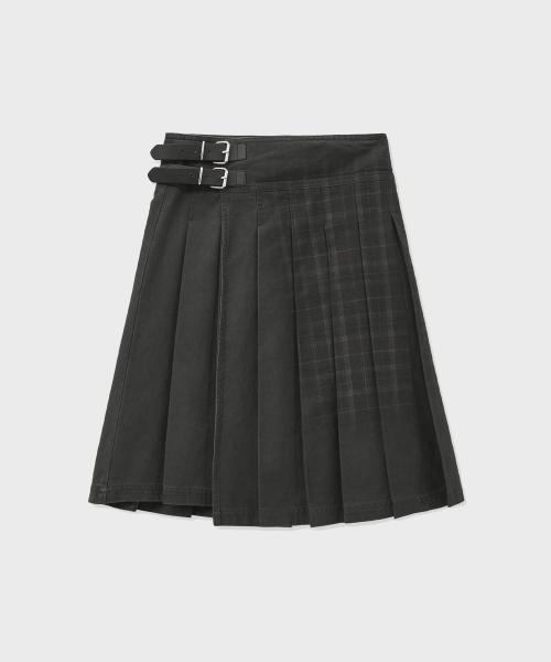 VINTAGE CHECK WRAP PLEATS SKIRT-KHAKI