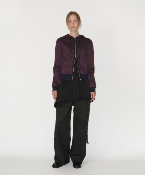Lace Stripe Hoodie Zip-up, BURGUNDY