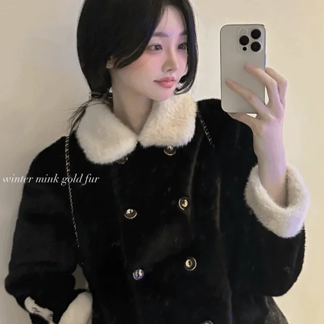 🚀당일🚀고퀄ver🚀[고급미+예쁨🖤/완전부드러워!] 따뜻해, 배색 더블 단추 카라 밍크 퍼 자켓 2color