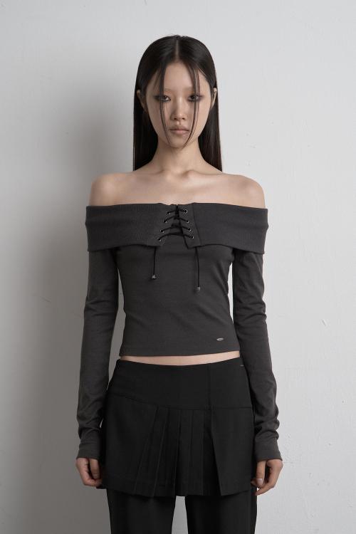 EYELET OFF SHOULDER TOP CHARCOAL
