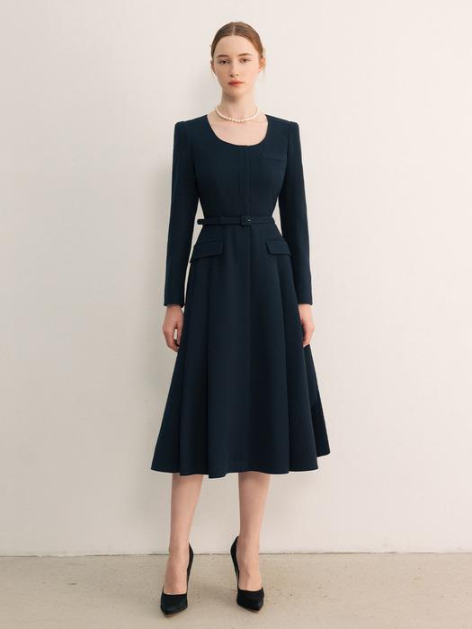 DAHLINA U-neck flared long dress (Ivory/Deep navy)