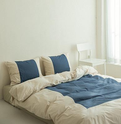 스퀘어 코튼 베딩_midnight blue&pale beige