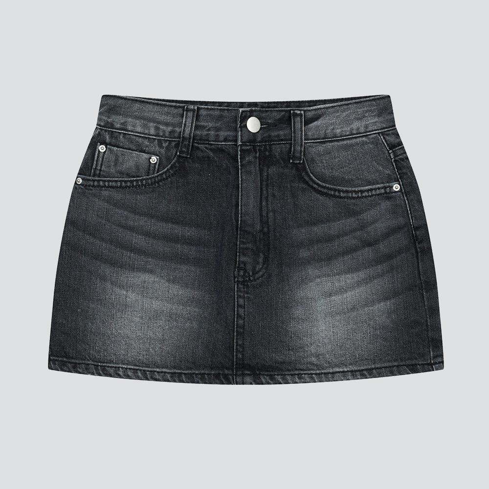 YK WASHING DENIM MINI SKIRT-BLACK