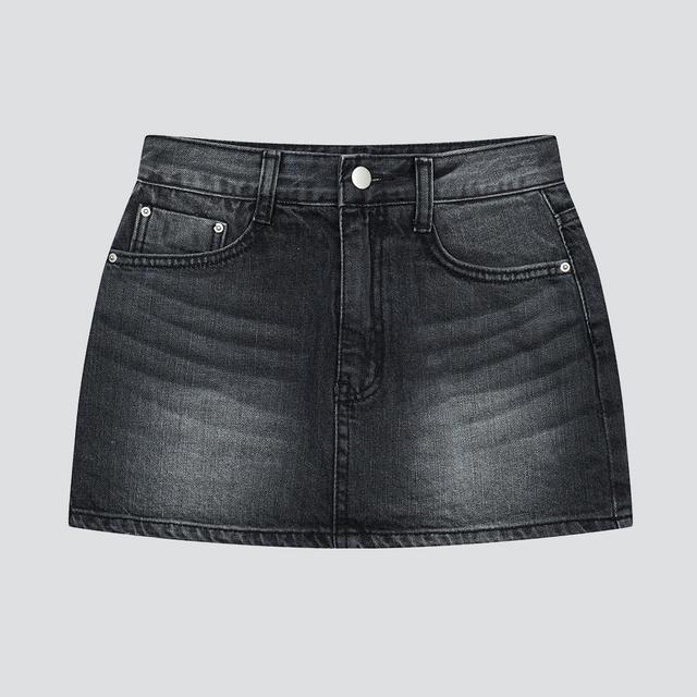 YK WASHING DENIM MINI SKIRT-BLACK